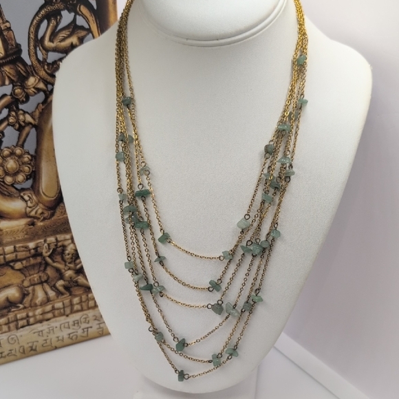 Gold and Jade Green Multi-Strand Necklace with Cascading Design - Picture 1 of 6